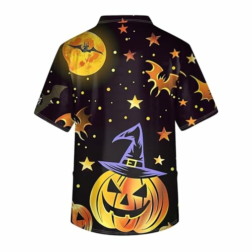 Halloween-themed shirt with pumpkin, witch hat, bats, and stars.