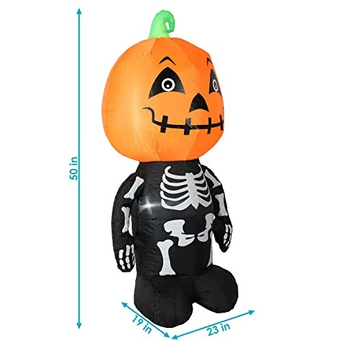 Inflatable Halloween decoration with pumpkin head and skeleton body.