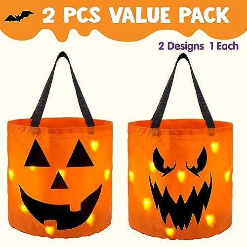 Two Halloween pumpkin tote bags with LED lights, featuring different jack-o'-lantern designs.