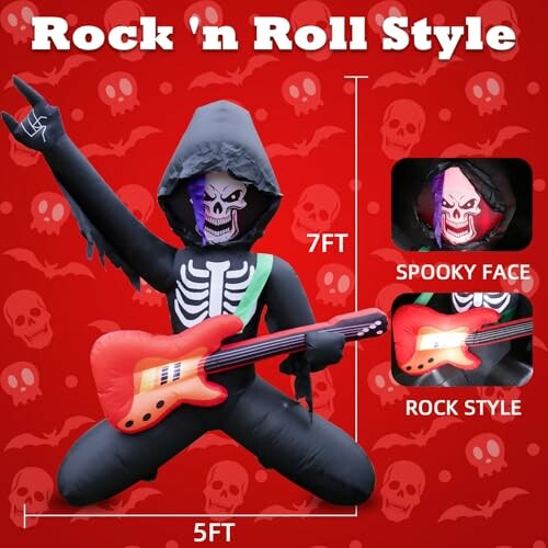 Inflatable skeleton in hoodie playing guitar with spooky face