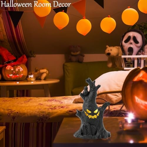 Cozy room with Halloween decorations, including pumpkins and spooky masks.