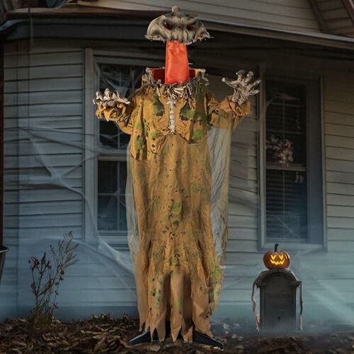 Creepy scarecrow decoration with pumpkin head and tattered clothing in front of house