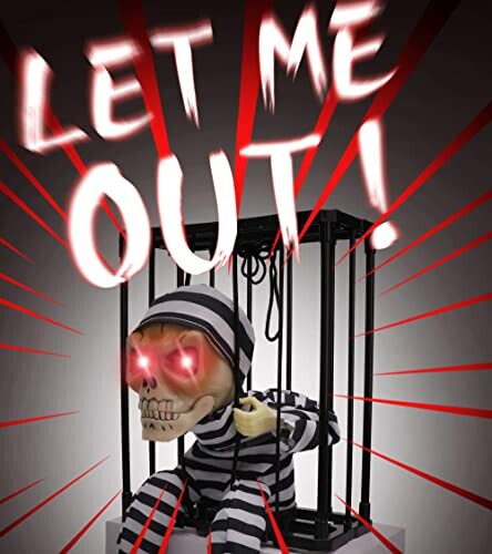 Skeleton in a cage with glowing eyes and text 'Let Me Out!'