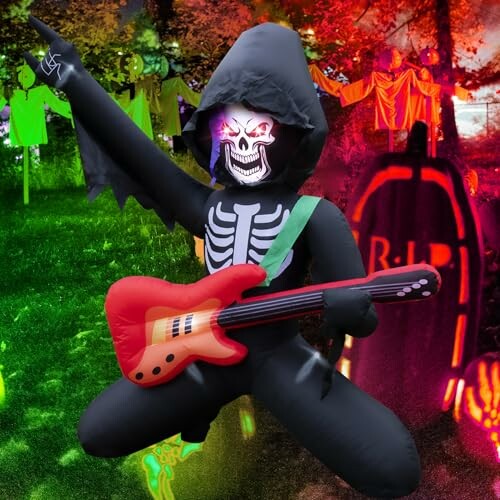 Inflatable skeleton with guitar in Halloween scene