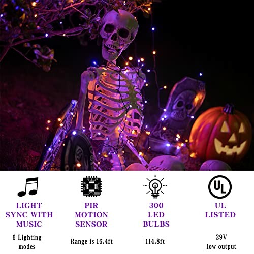 Halloween skeleton with purple and orange LED lights, pumpkin decoration.