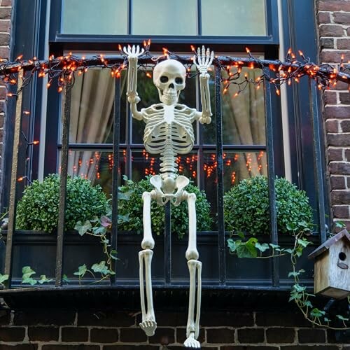 Skeleton decoration hanging in window with orange lights