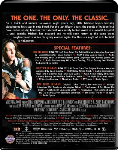 Back cover of a Halloween movie disc with text about special features and a movie scene.