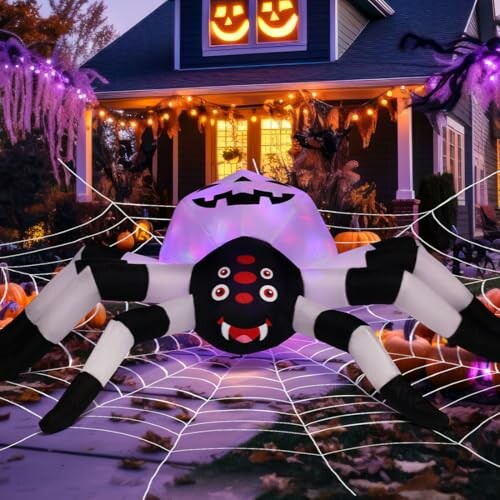 Halloween inflatable spider and ghost decoration in front of house.