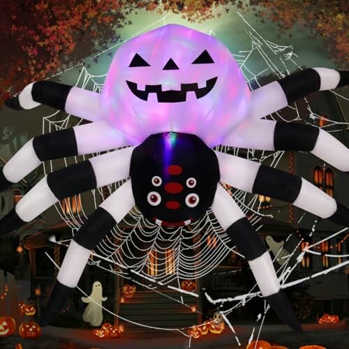 Inflatable Halloween spider with lights and web.