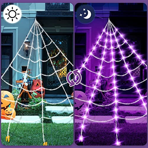 Day and night view of Halloween spider web lights on a house