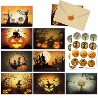 Collection of Halloween cards and stickers with pumpkins and spooky scenes.