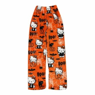 Halloween themed pajama pants with cartoon characters and spiderwebs.