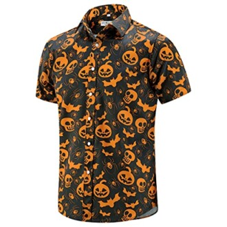 Halloween-themed shirt with orange skulls and pumpkins