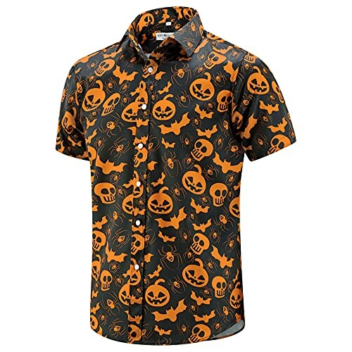 Black shirt with orange Halloween designs including pumpkins, skulls, and bats.