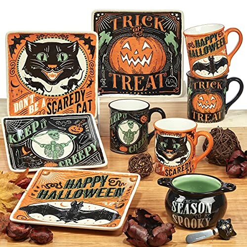 Halloween-themed tableware with black cat, pumpkin, and bat designs.