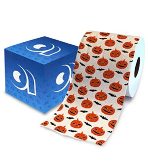 Toilet paper roll with Halloween pumpkin pattern next to a blue box.