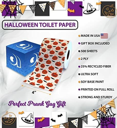 Halloween-themed toilet paper with pumpkin design and gift box.