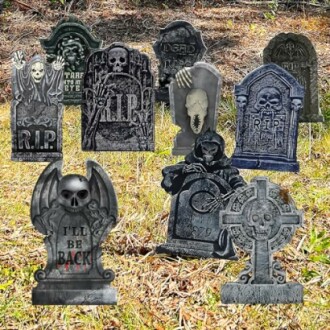 Halloween-themed tombstones with skulls and spooky designs.