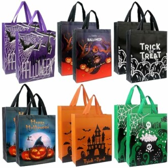 Assorted Halloween-themed tote bags with spooky designs.