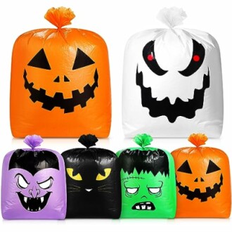 Halloween-themed trash bags with spooky designs.