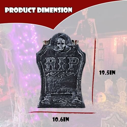 Halloween tombstone decoration with dimensions 19.5 inches by 10.6 inches.