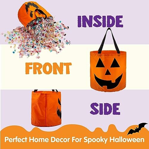 Orange Halloween tote bag with jack-o'-lantern face and candy spilling out.