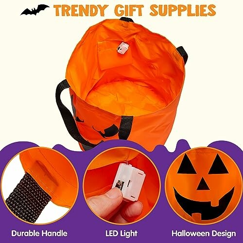 Orange Halloween trick-or-treat bag with LED light and durable handle.