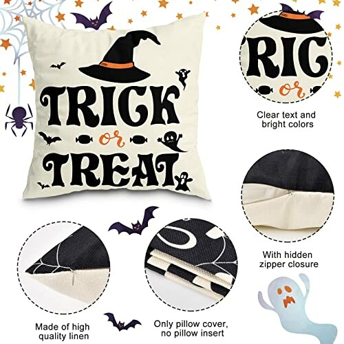 Halloween pillow cover with 'Trick or Treat' design and witch hat.