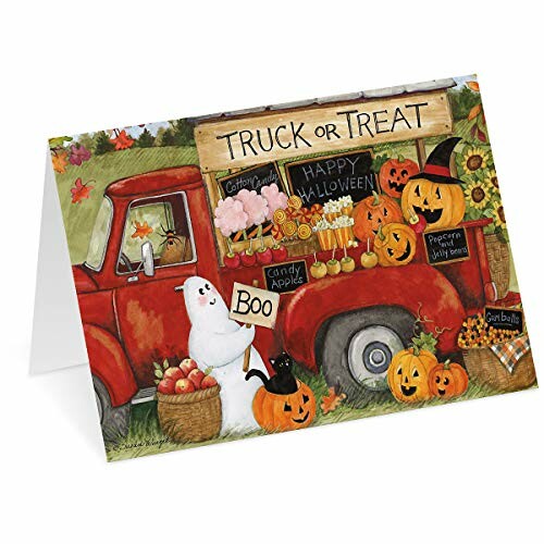 Halloween card with a red truck, pumpkins, and a ghost.