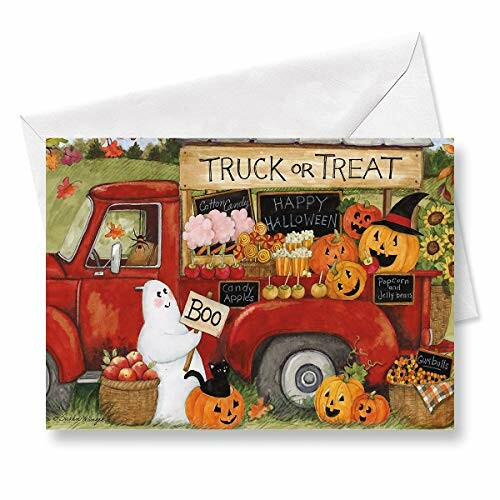 Halloween card with red truck, pumpkins, ghost, and candy.