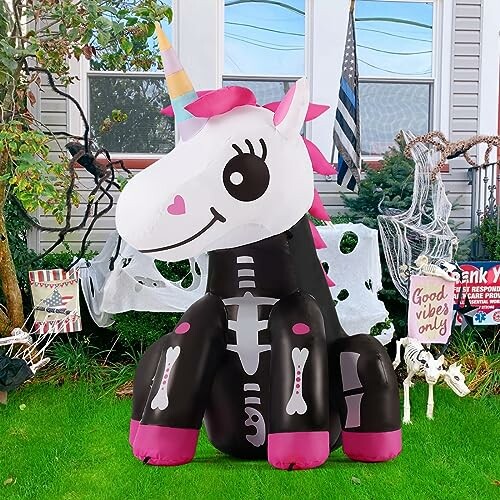 Inflatable Halloween unicorn skeleton decoration in front yard