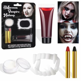 Vampire makeup kit with fake blood, face paint, fang teeth, and makeup crayons.