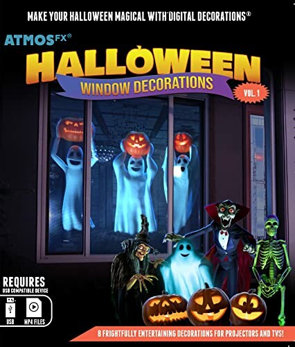 Halloween window decorations with ghosts and pumpkins.