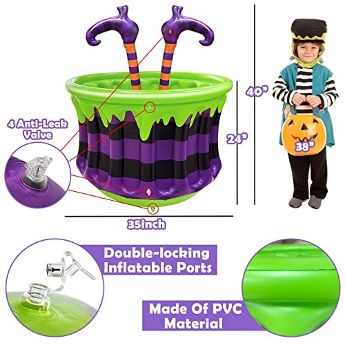 Inflatable Halloween witch cauldron costume for kids with anti-leak valve and PVC material.