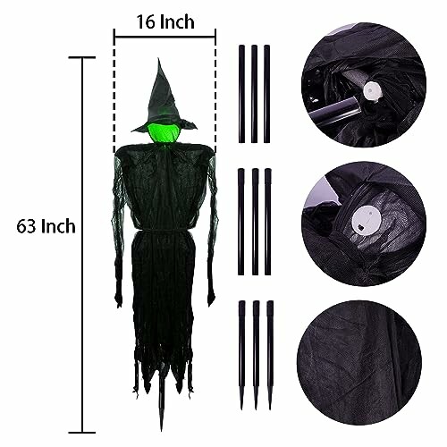 Halloween witch decoration with measurements and parts displayed.