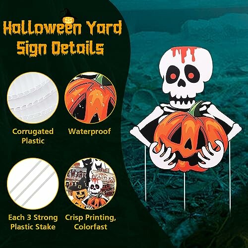 Halloween yard sign with skeleton and pumpkin design, highlighting features like corrugated plastic, waterproof, strong stakes, and vibrant printing.