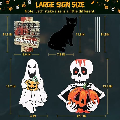 Halloween yard signs with ghost, cat, skull, and keep out sign.