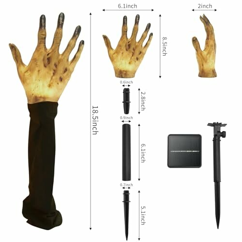 Zombie hand lawn decoration with dimensions and stakes.