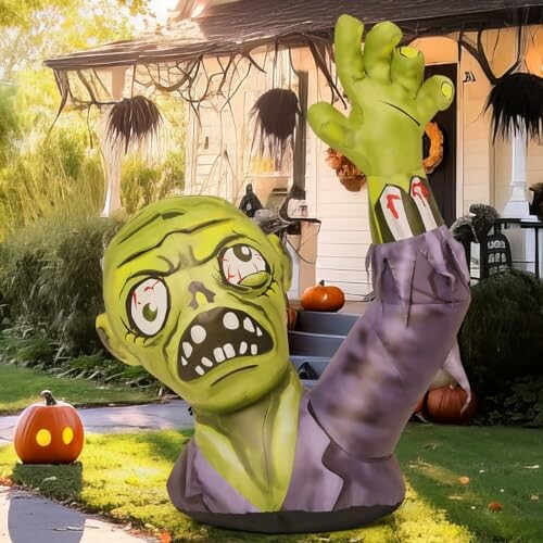 Inflatable zombie decoration on lawn with pumpkins.