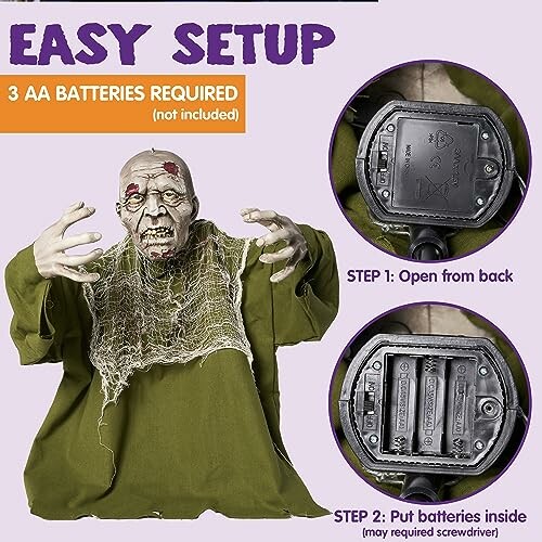 Instructions for setting up a Halloween zombie decoration with battery installation steps.