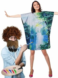 Person wearing a dress with a nature painting and another dressed as a painter with a brush and palette.