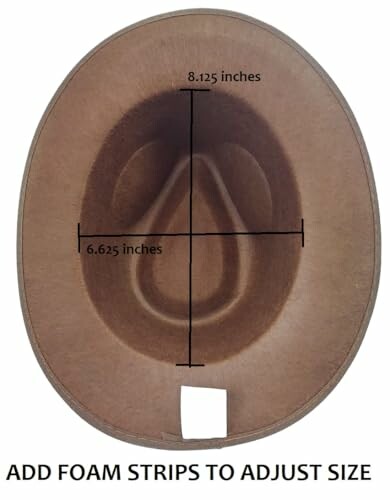 Interior view of a hat with measurements for size adjustment.