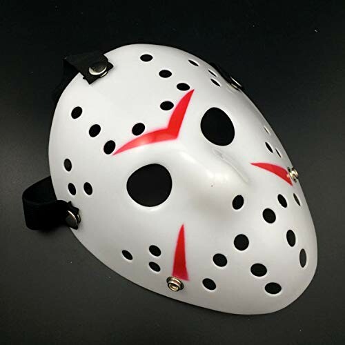 White hockey mask with red markings and black straps