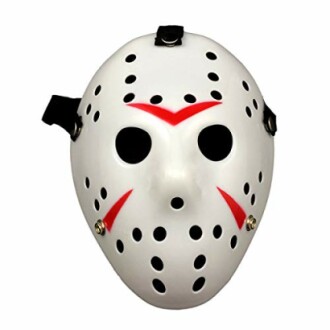 White hockey mask with red accents and black straps