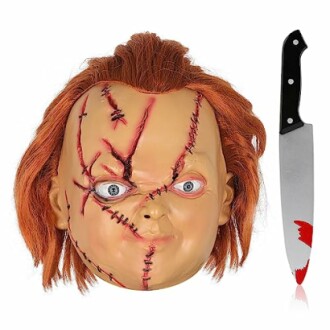 Horror mask with red hair and a knife