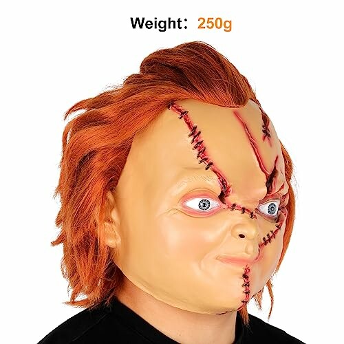 Side view of a horror-themed mask with red hair and stitched scars.