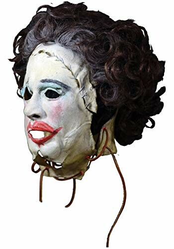 Realistic horror mask with curly dark wig and stitches