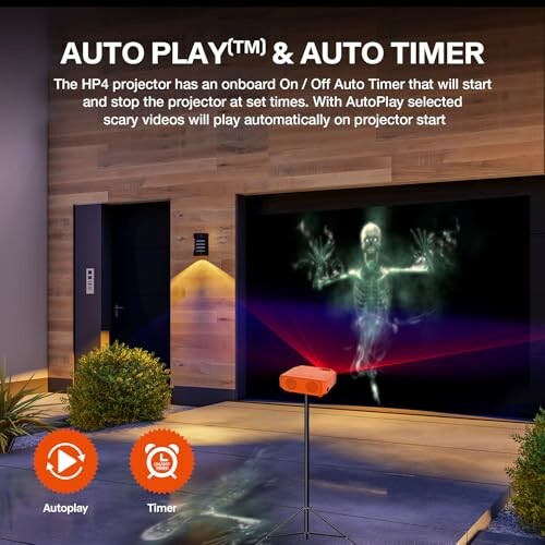 HP4 projector with Auto Play and Auto Timer features, displaying a ghostly image on a wall.