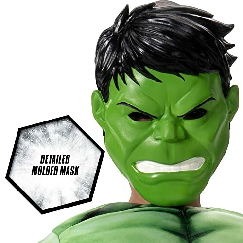 Green superhero mask with black hair and intense expression