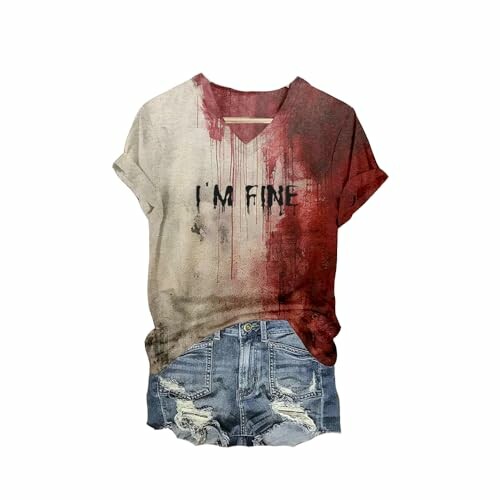 Distressed shirt with 'I'm Fine' text and denim shorts